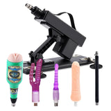 Sexlovey A2 thrusting sex machine with 5 attachments, including male masturbator cup, double-ended dildo, anal plug, standard dildo and extension rod