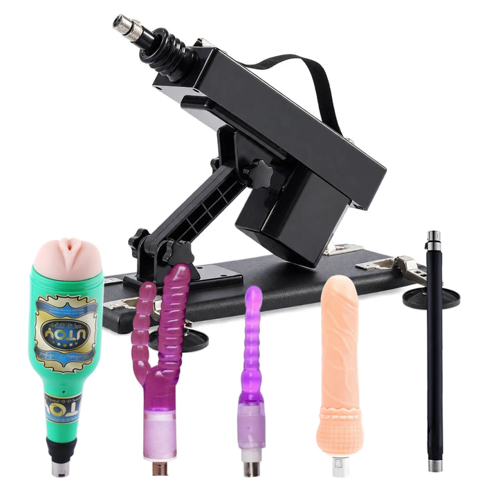 Sexlovey A2 thrusting sex machine with 5 attachments, including male masturbator cup, double-ended dildo, anal plug, standard dildo and extension rod