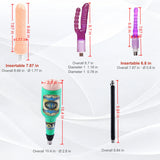 Sexlovey A2 5-attachment size chart showing measurements for standard dildo, purple double-ended dildo, anal plug, male masturbator cup and straight extension rod