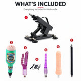 What's included in the Sexlovey A2 sex machine bundle: A2 machine, wired power controller, male cup, purple double-ended dildo, purple anal plug, standard dildo and straight extension rod