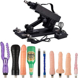 A2 thrusting sex machine with 10 attachments including two male masturbators, four dildos, extension rods, anal plug and dual-entry attachment