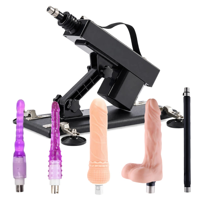 Sexlovey A2 thrusting sex machine with 5 attachments including two anal plugs, extension rod, standard dildo and flesh-tone testicle dildo