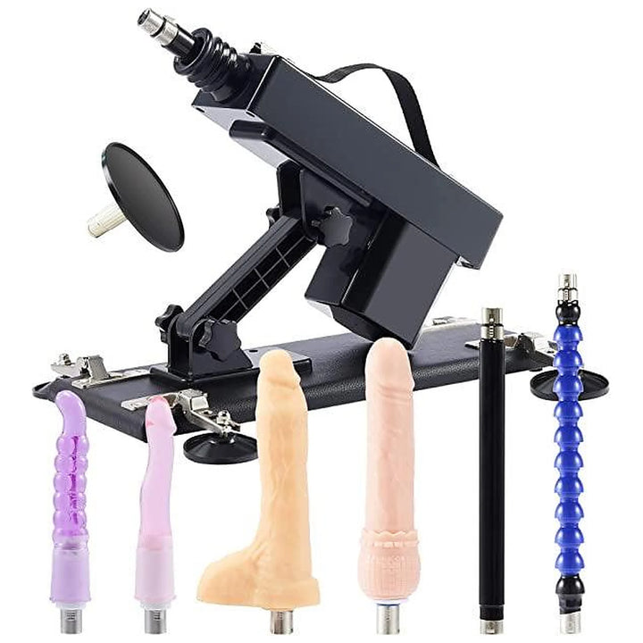 Sexlovey A2 thrusting sex machine with 7 attachments, including dildos, anal plugs, extension rods and suction cup adapter