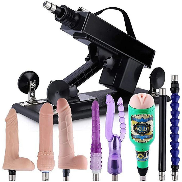 Sexlovey A2 thrusting sex machine with 8 attachments, including 2 dildos with testicles, male cup, extension rods, anal plug and double-ended dildo