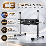 Sexlovey C3 thrusting sex machine performance infographic highlighting its 120W motor, adjustable stroke length, and speed specifications.