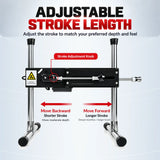 Sexlovey C3 thrusting sex machine adjustable stroke length guide showing how to move the adjustment knob forward for a longer stroke or backward for a shorter stroke.